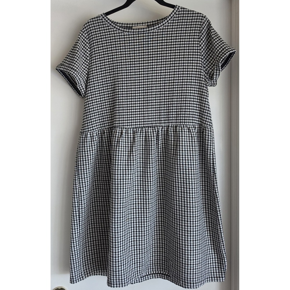 LOFT Gingham Dress Women M Black White Short Sleeve Round Neck Midi Shift